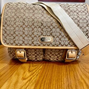 Vintage Coach Khaki and Tan Signature Canvas Messenger